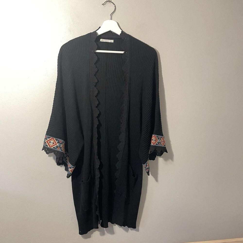 Johnny Was Love Black Cardigan Kimono Embroidered Sleeve